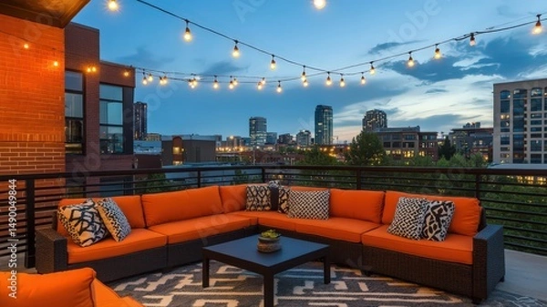 Fototapeta Rooftop Seating Area with Cozy Couch and String Lights Illuminated by Sunset Over City Skyline