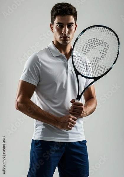 Obraz Male Tennis Player Holding Racket with Both Hands, Clean Gear