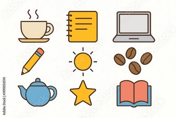Fototapeta Flat vector icons of coffee tea notebook laptop pencil sun star coffee beans and open book on white background colorful office and lifestyle elements

