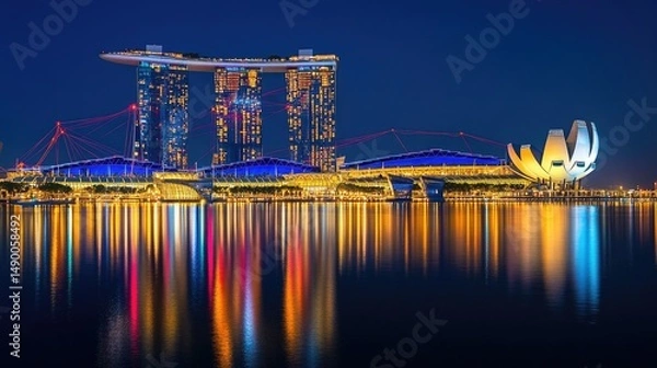 Obraz A vibrant nighttime view of a modern architectural complex reflected in still water.