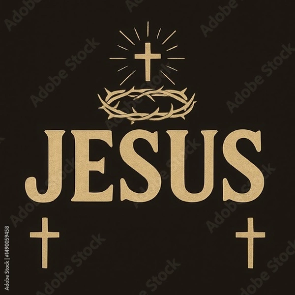 Fototapeta Text Jesus surrounded by symbolic crown of thorns and crosses on black background representing Christian faith and spiritual religious concept
