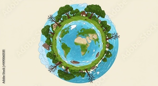 Obraz Green Earth Pixel Art With Trees and Villages Around Continents