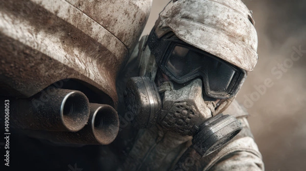 Fototapeta Soldier wearing protective mask and goggles, covered dirt, is positioned next to heavily soiled vehicle with dual exhaust