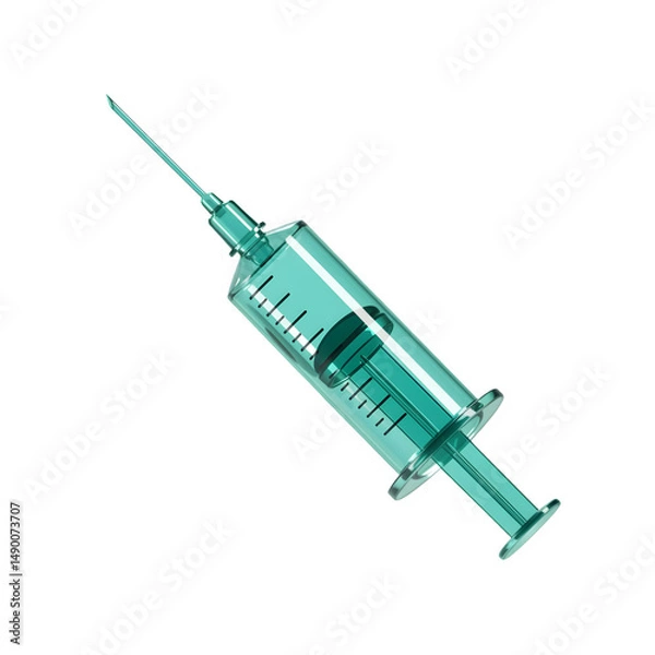 Obraz A close-up shot of a transparent teal syringe, showcasing its medical design.3D plastic style isolated on white or transparent background