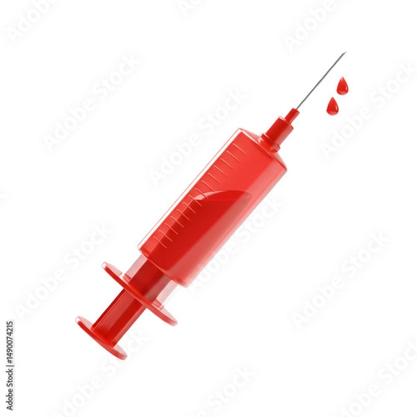 Obraz Close-up of a red syringe filled with a red liquid, with drops falling.3D plastic style isolated on white or transparent background