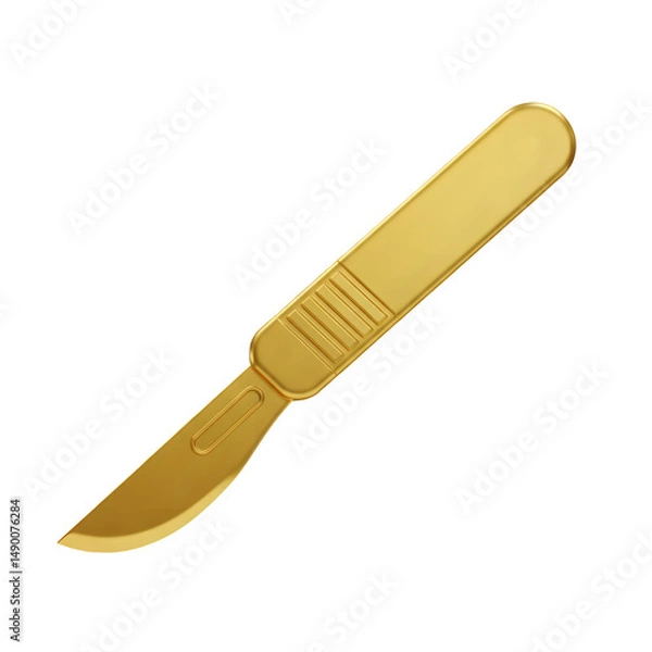 Obraz A 3D render of a gold scalpel,  . Clean lines and sleek design.3D plastic style isolated on white or transparent background