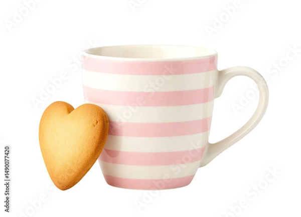 Obraz Pink Striped Mug with Heart-Shaped Cookie, Isolated Transparent Background