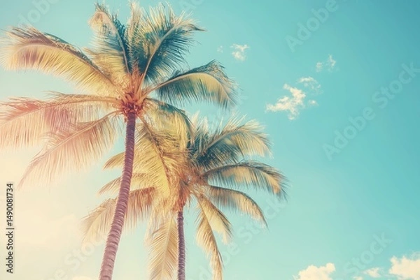 Fototapeta Palm trees view of the blue sunny sky