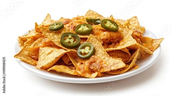 Fototapeta A plate of nachos, crispy tortilla chips generously layered with melted cheese and topped with sliced jalape?o peppers