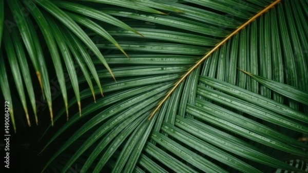 Fototapeta Lush green palm leaves with raindrops glistening showcase vibrant tropical foliage perfect for summer backgrounds or exotic designs.
