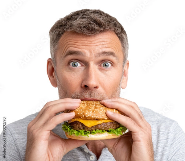 Fototapeta Man eating cheeseburger isolated on transparent background.