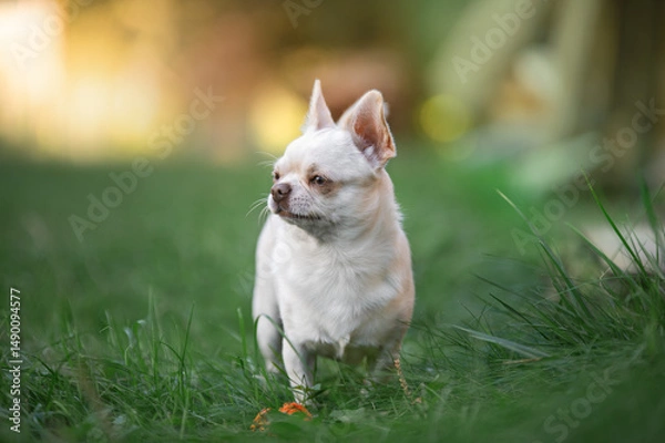 Fototapeta Close up portrait of happy short haired chihuahua dog standing in garden and smiling with tongue out.