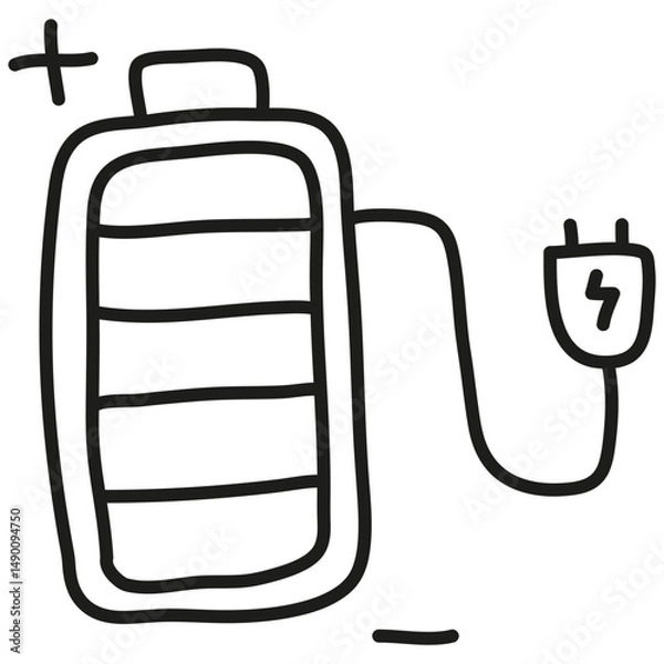 Obraz nature conservation concept. Battery illustration with a charging plug connected.hand drawn doodle line style
