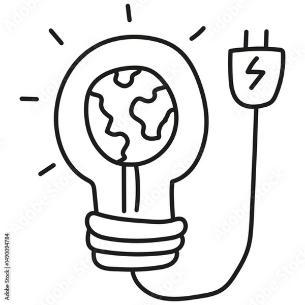 Obraz nature conservation concept. Light bulb with Earth design and power cord, symbolizing sustainability.hand drawn doodle line style