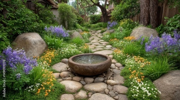 Obraz Serene Stone Path Through Vibrant Flower Garden