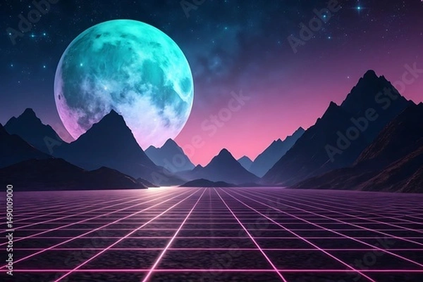 Fototapeta Retro Futuristic Landscape with Neon Grid and Giant Teal Moon