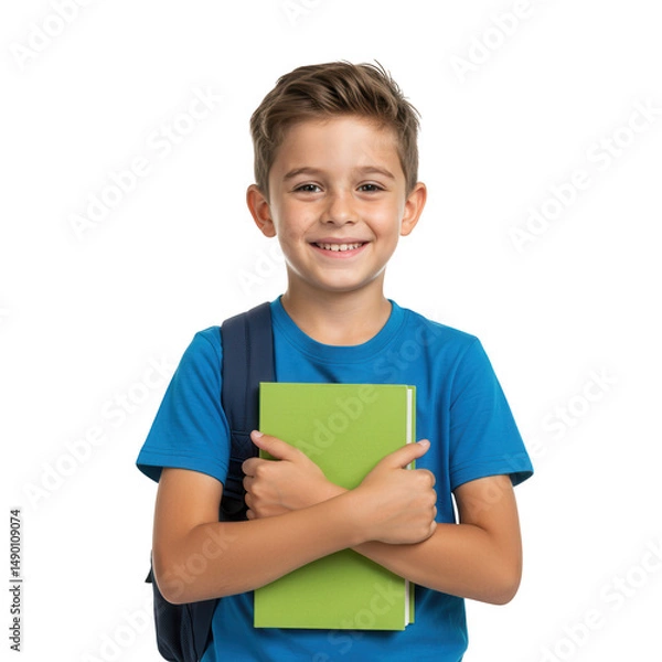Fototapeta Smiling Schoolboy Holding Book Backpack Isolated on Transparent Background