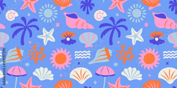 Fototapeta Vector seamless pattern with hand drawn elements, sea, ocean and vacation vibe, abstract cartoon background for textile, wallpaper, stationery, decorative gift paper, banners and prints