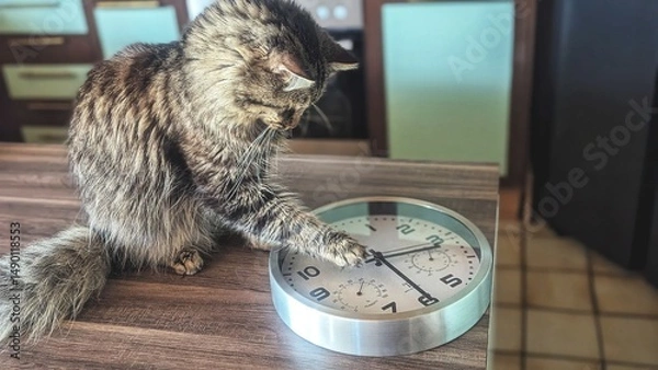 Obraz Cat playing with a clock on a wooden table in kitchen, indoors 