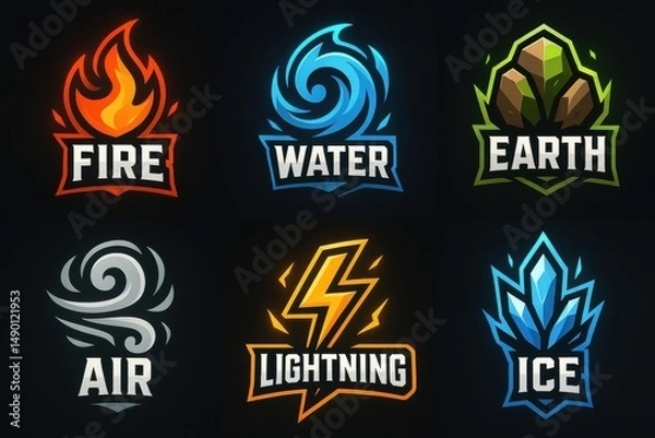 Obraz Elemental Symbols Fire Water Earth Air Lightning Ice Designs