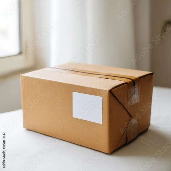 Obraz Shipping Package: Cardboard Box with Blank Label for Your Branding