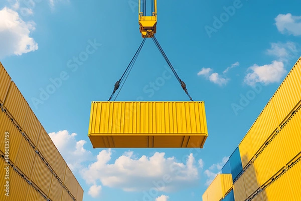 Obraz Shipping container is lifted up high in the air by crane with the sky and other container boxes around it. Cargo delivery and shipment operations.