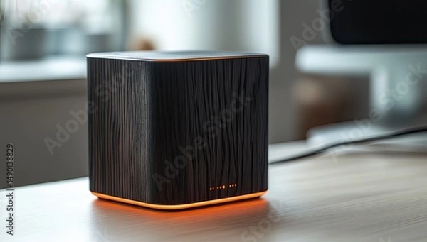 Obraz Dark wood cube speaker with orange glow