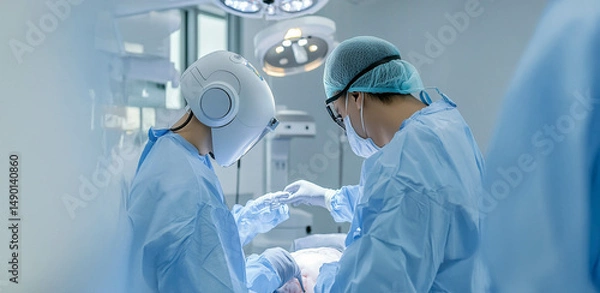 Fototapeta A doctor and a neurologist using robotic technology with AI software to examine a patient's brain. Generated image