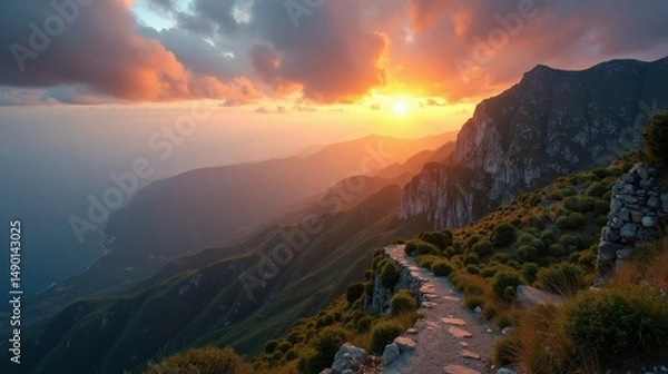 Fototapeta Cloudy dawn over Penalara Peak captured from a high viewpoint.
