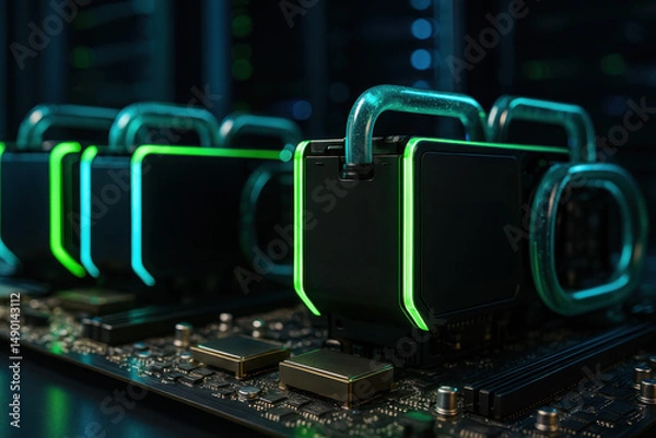 Fototapeta Close-up of high-performance liquid-cooled GPUs with neon lights in a modern data center, representing advanced computing technology