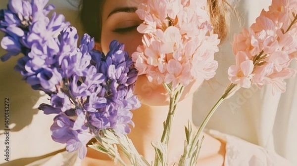 Fototapeta Woman with flowers in soft light