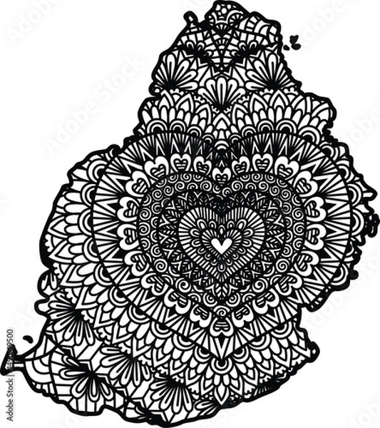 Obraz Mandala hearted shape inside Mauritius Island map for design element. Vector illustration.