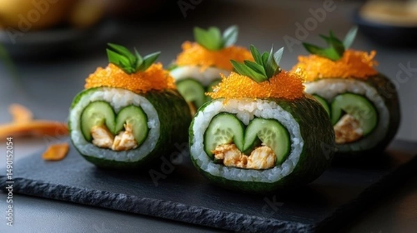 Fototapeta Sushi rolls with fresh cucumber and orange roe prepared on a slate platter