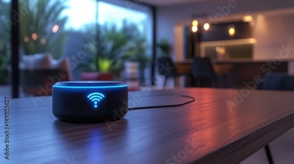 Fototapeta Smart speaker on a wooden table in a modern living room during evening hours with warm lighting