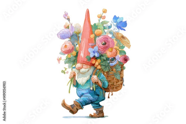 Fototapeta A set of artistic watercolor gnome fathers with baskets filled with spring blossoms isolated on a transparent background