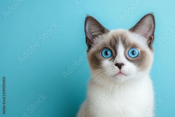 Obraz Grey and white pretty cat with blue eyes looking at camera, sitting on blue studio background, closeup shot
