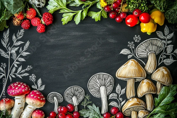 Obraz Chalk seasonal menu ad with drawn mushrooms, berries and fresh vegetables