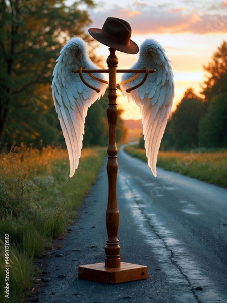 Fototapeta angel wings hanging on a standing hanger and a hat in the middle of the road, modern spiritual path concept 