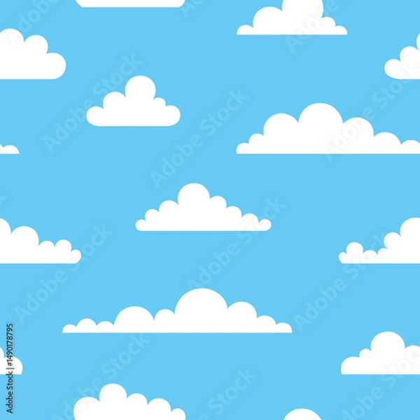 Obraz Seamless pattern with different cartoon horizontal flat clouds on blue sky background. Cute and simple wallpaper with white puffy cloud. Vector illustration.