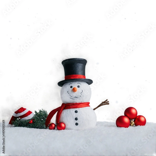 Fototapeta Festive Snowman Figure with Hat, Scarf and Christmas Tree Ornaments on Snowy Backdrop