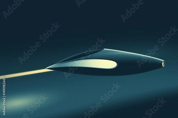 Fototapeta Futuristic streamlined spaceship in flight with glowing light trail on dark