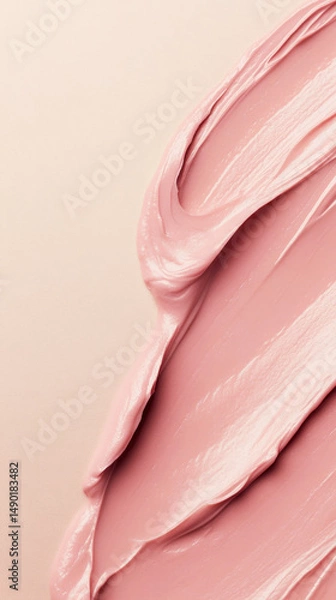 Fototapeta Close-up of smooth pink cosmetic cream or makeup foundation smeared on a soft beige background. Generative AI