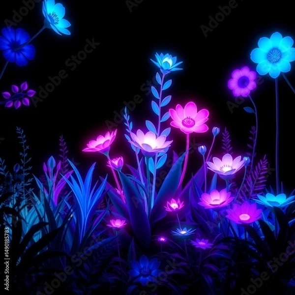 Fototapeta Neon Glowing Flowers in the Dark Botanical Landscape