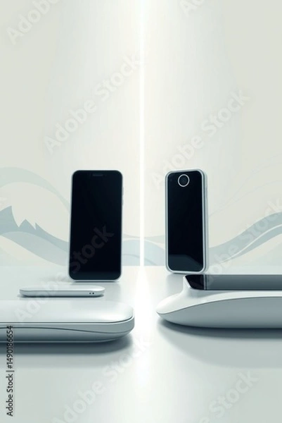 Fototapeta Minimalist modern smartphones with smooth white cases and black screens futuristic