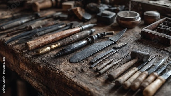 Fototapeta A close up of a bunch of tools on a table .