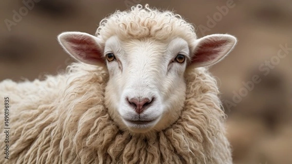 Fototapeta Close-up of a fluffy white sheep with soft, curly wool and expressive eyes.