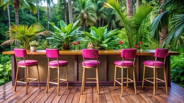 Fototapeta Elegant pink bar stools are placed on a wooden deck surrounded by lush green tropical palm trees with vibrant fronds and colorful flowers, bar counter, garden decor