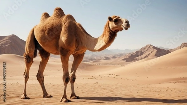Fototapeta A majestic dromedary camel stands in the golden desert sands under a clear blue sky.