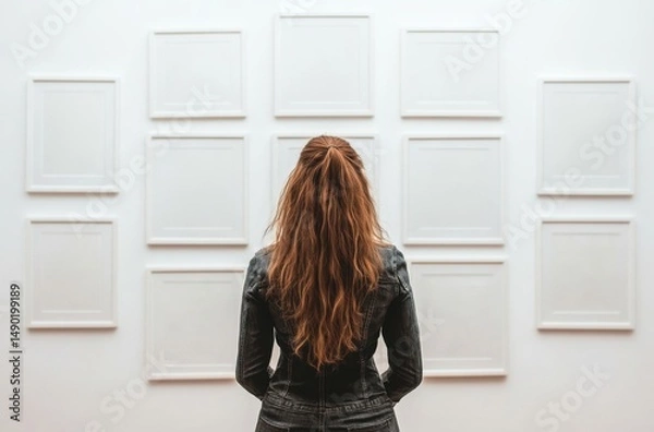 Fototapeta Female decorating a minimalist white wall with empty