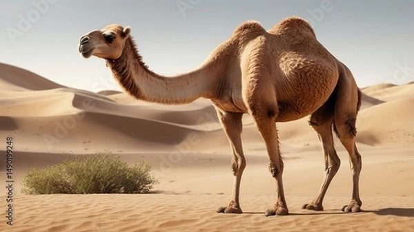 Fototapeta A solitary dromedary camel stands gracefully in a vast desert landscape, showcasing its unique features under the bright sun.